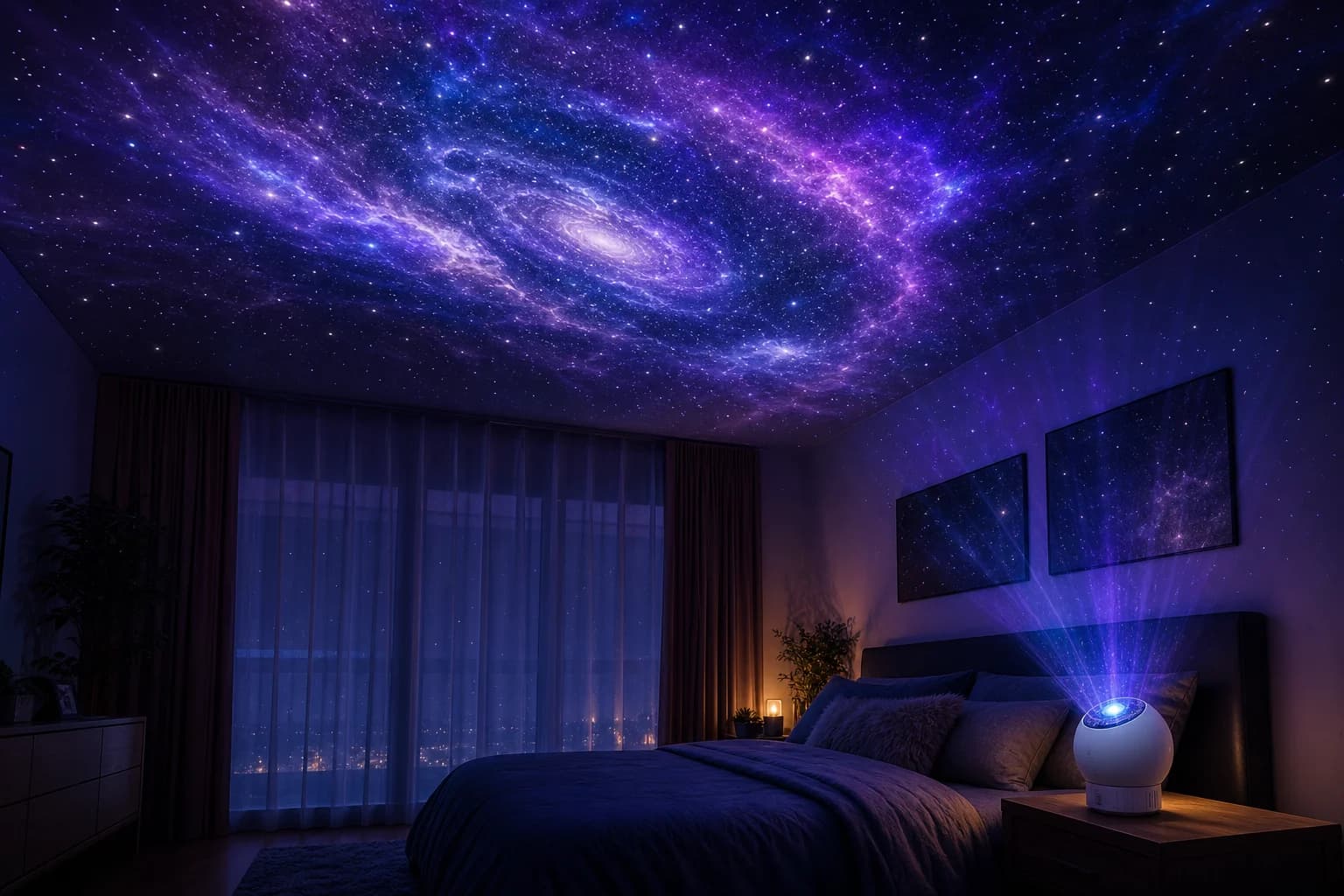 Projetor GalaxyGlow — quarto iluminado com galáxia